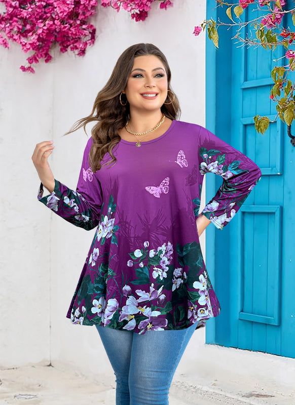 Women's Plus Size Purple Floral Tunic Top – 3/4 Sleeve Swing Flare Blouse d3