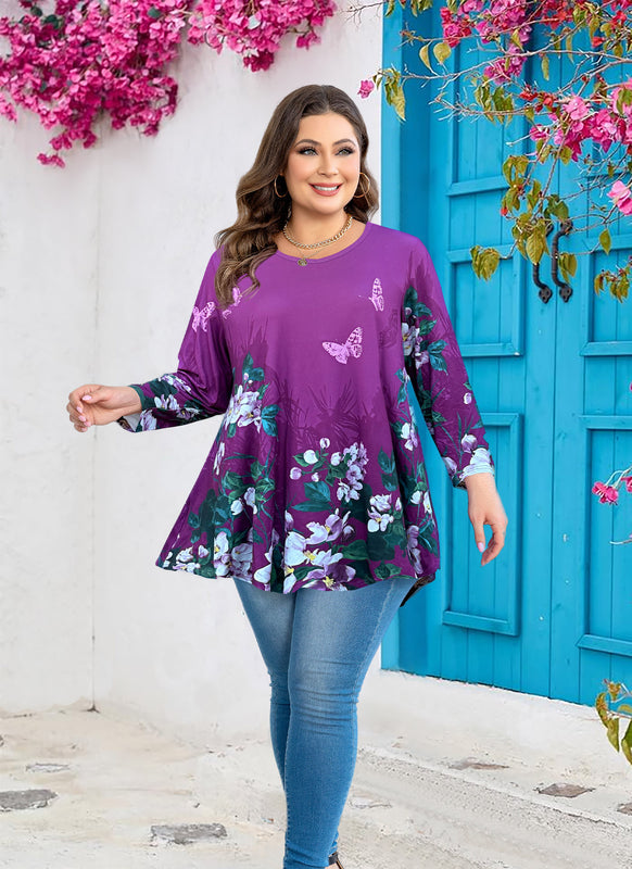 Women's Plus Size Purple Floral Tunic Top – 3/4 Sleeve Swing Flare Blouse d3