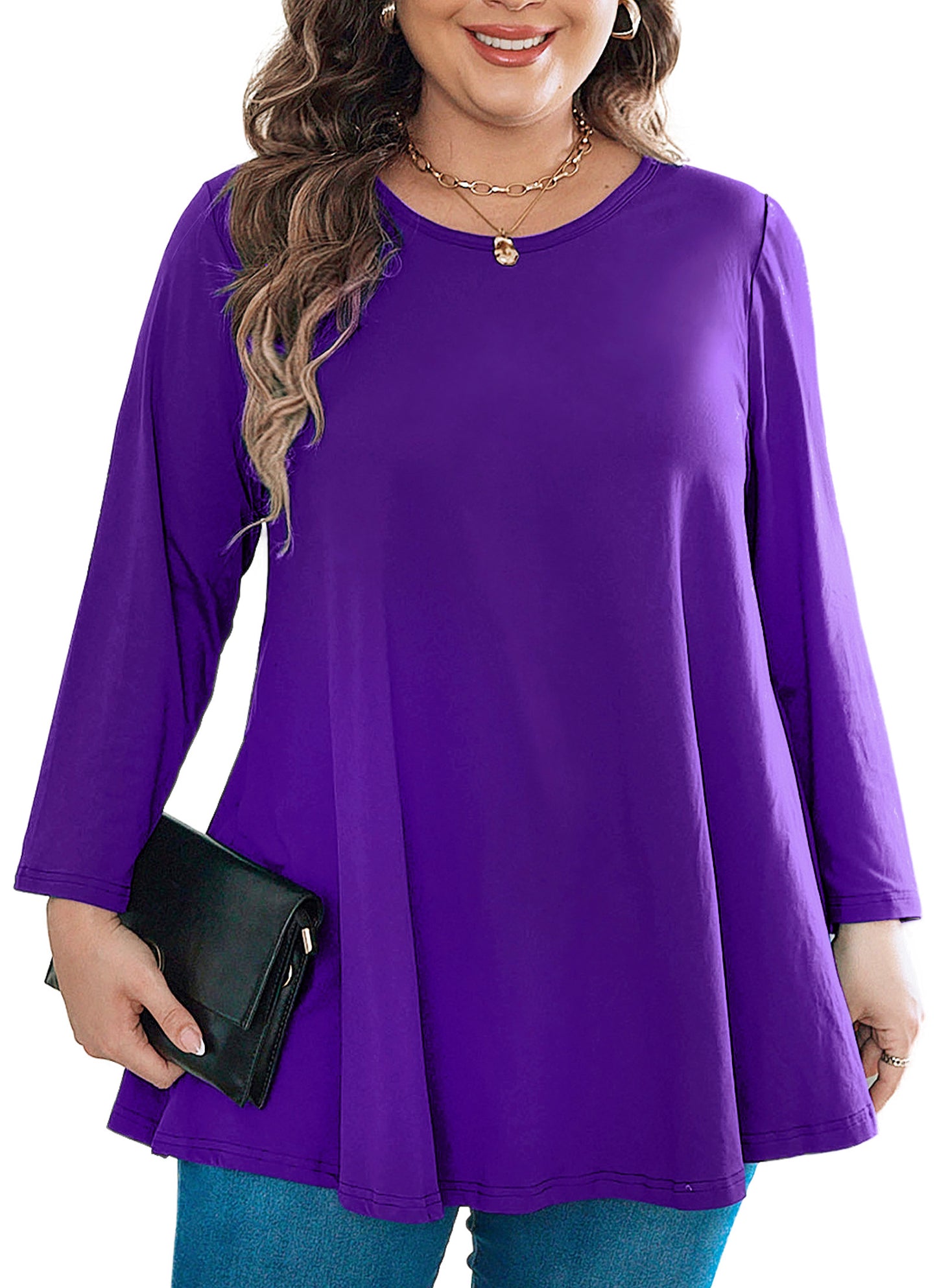 Womens Tops - Plus Size Tunics 3/4 Sleeve Loose Fit Dressy Casual Long Swing Flowy Lady Blouses Shirts Wear with Leggings Teals Blue Clothing A20 SATDP