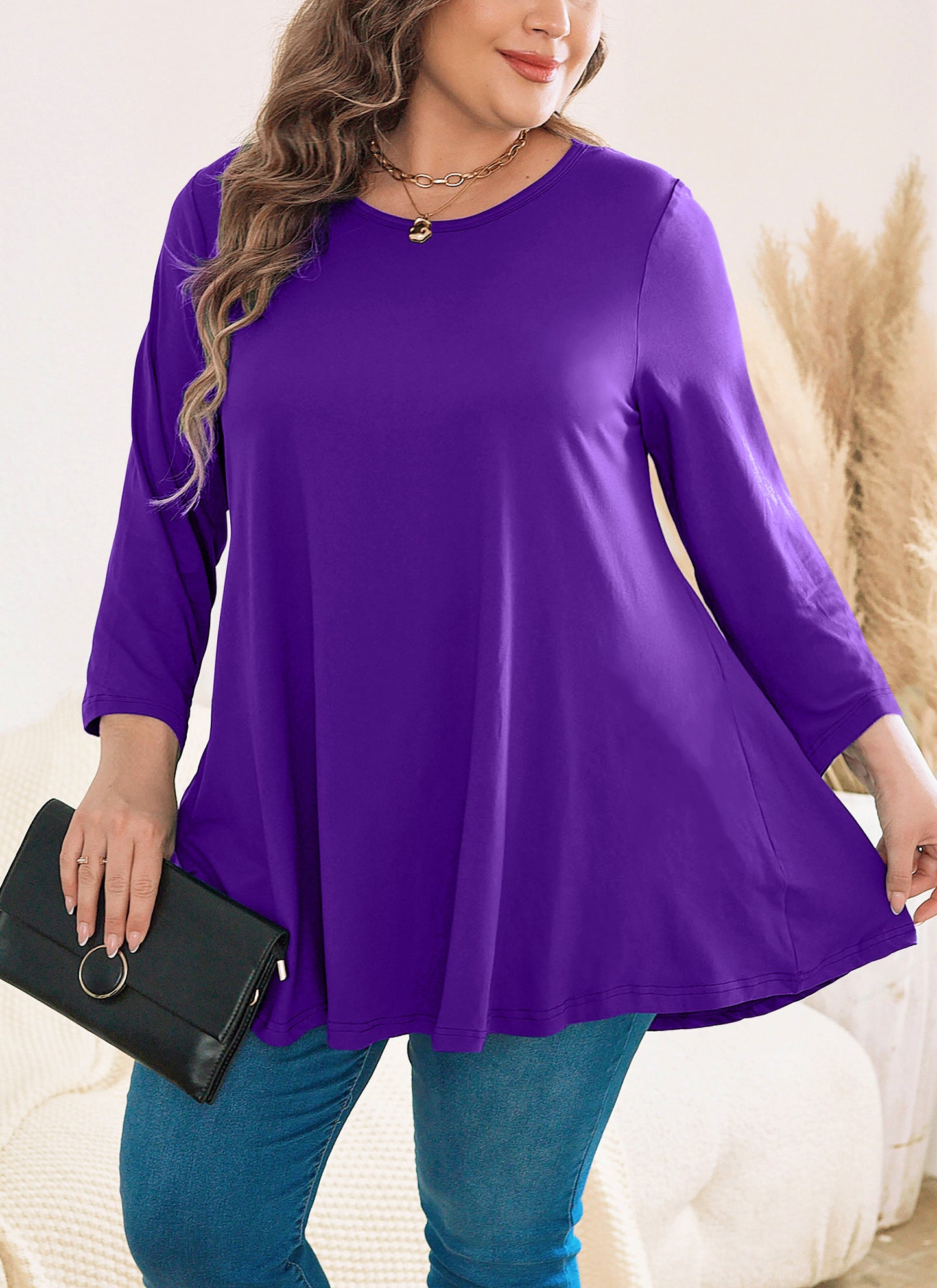 Womens Tops - Plus Size Tunics 3/4 Sleeve Loose Fit Dressy Casual Long Swing Flowy Lady Blouses Shirts Wear with Leggings Teals Blue Clothing A20 SATDP