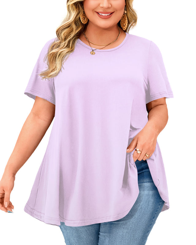 Lavender Purple Short Sleeve Swing Tunic Top – Women's Plus Size Crew Neck Flowy Blouse to Wear with Leggings (S–7XL) B3