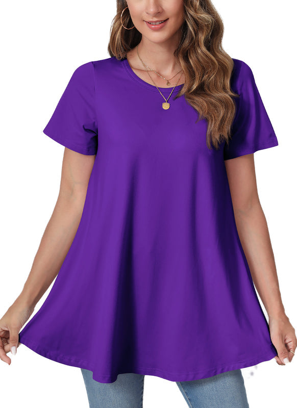 Deep Purple Short Sleeve Swing Tunic Top – Women's Plus Size Crew Neck Flowy Blouse to Wear with Leggings (S–7XL) b13