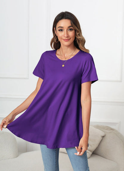 Deep Purple Short Sleeve Swing Tunic Top – Women's Plus Size Crew Neck Flowy Blouse to Wear with Leggings (S–7XL) b13