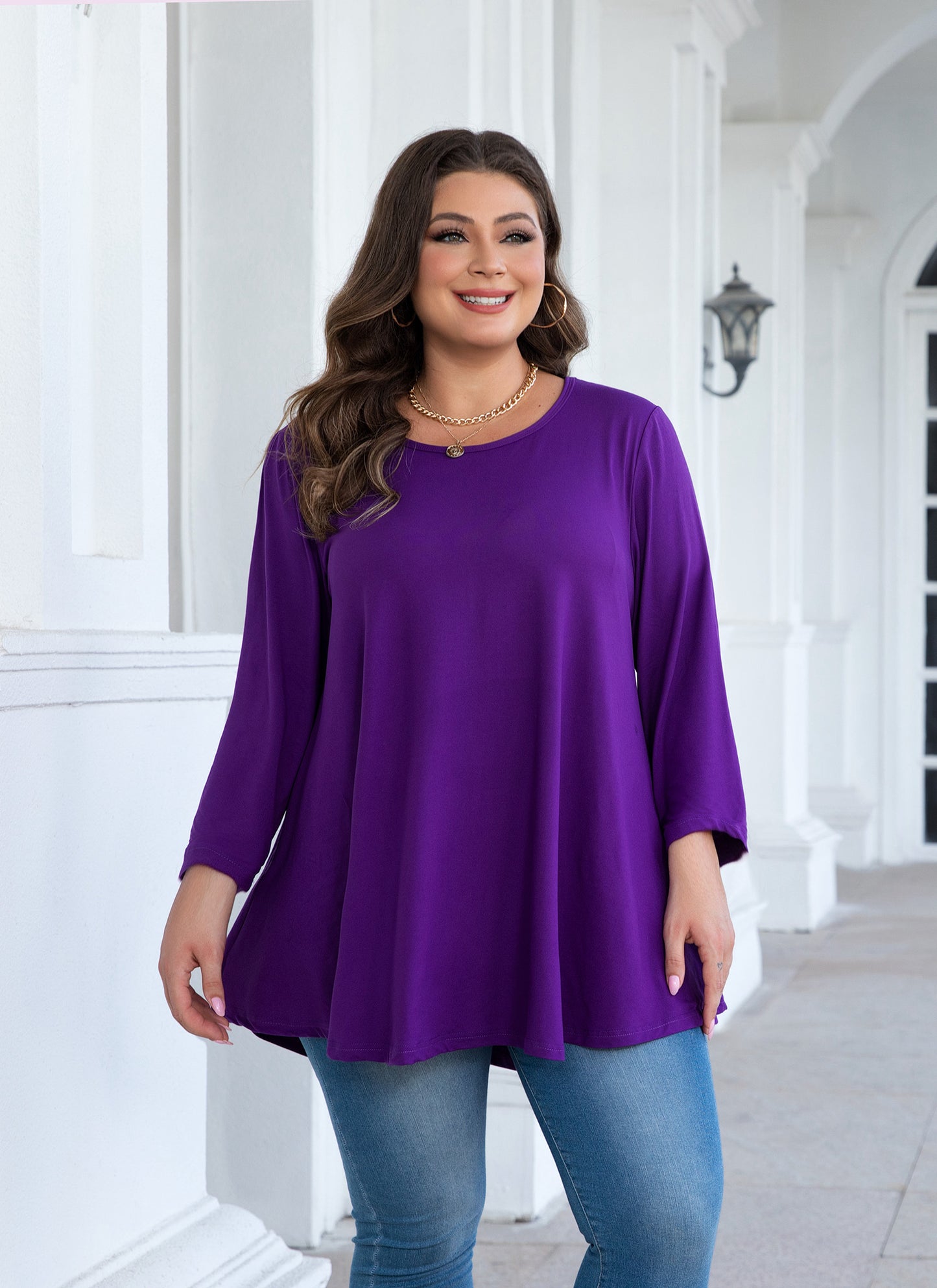 Womens Tops - Plus Size Tunics 3/4 Sleeve Loose Fit Dressy Casual Long Swing Flowy Lady Blouses Shirts Wear with Leggings Teals Blue Clothing A20 SATDP