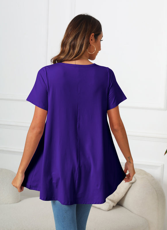 Deep Purple Short Sleeve Swing Tunic Top – Women's Plus Size Crew Neck Flowy Blouse to Wear with Leggings (S–7XL) b13
