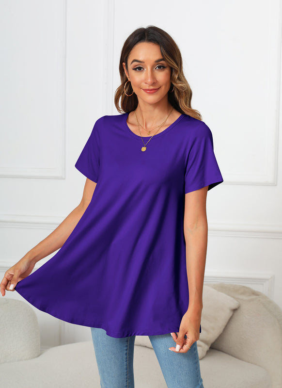 Deep Purple Short Sleeve Swing Tunic Top – Women's Plus Size Crew Neck Flowy Blouse to Wear with Leggings (S–7XL) b13