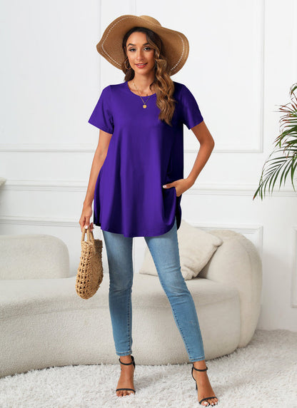 Deep Purple Short Sleeve Swing Tunic Top – Women's Plus Size Crew Neck Flowy Blouse to Wear with Leggings (S–7XL) b13