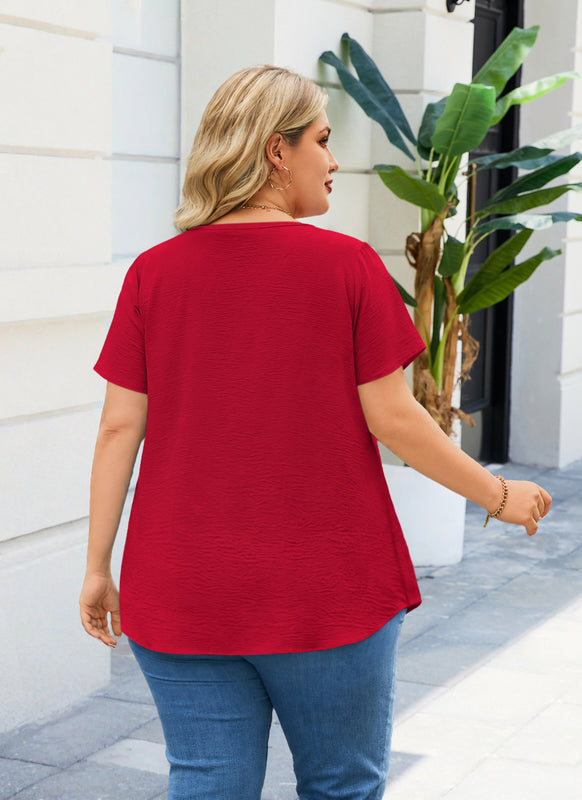 Women's Red V-Neck Blouse – Floral Lace Trim, Plus Size I8