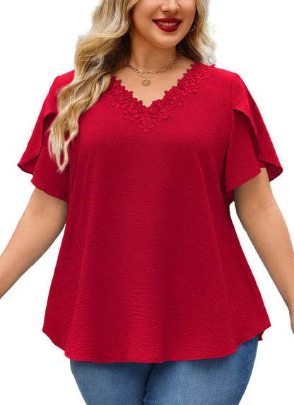 Women's Red V-Neck Blouse – Floral Lace Trim, Plus Size I8