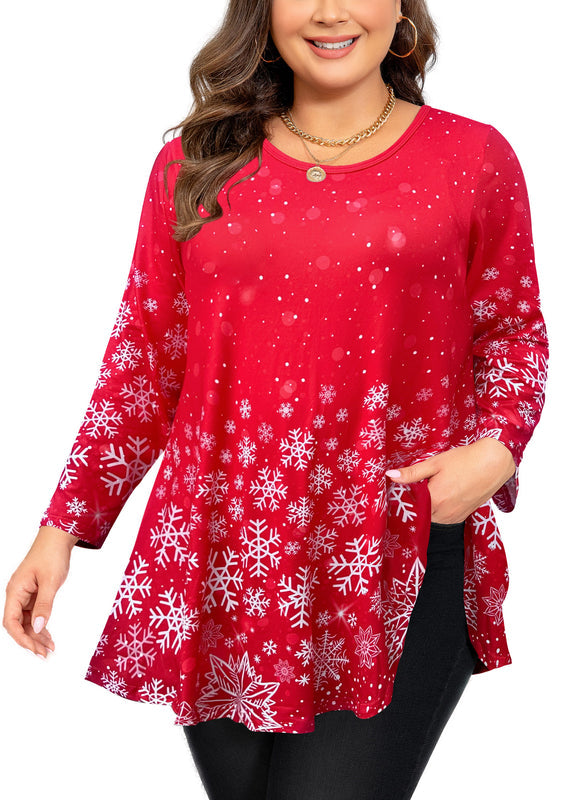 Women's Plus Size Red Christmas Tunic Top – 3/4 Sleeve Festive Swing Flare Blouse d25