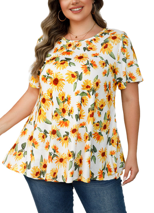 Tunic Tops for Women Plus Size Short Sleeve Crew Neck Swing Flare Loose T-Shirt Blouses to Wear with Leggings III