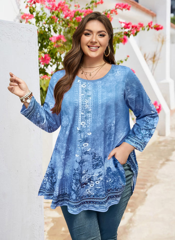 Women's Light Blue Plus Size Swing Tunic Top – 3/4 Sleeve Flowy Blouse A46