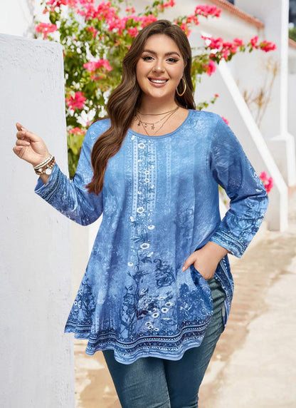 Women's Light Blue Plus Size Swing Tunic Top – 3/4 Sleeve Flowy Blouse A46