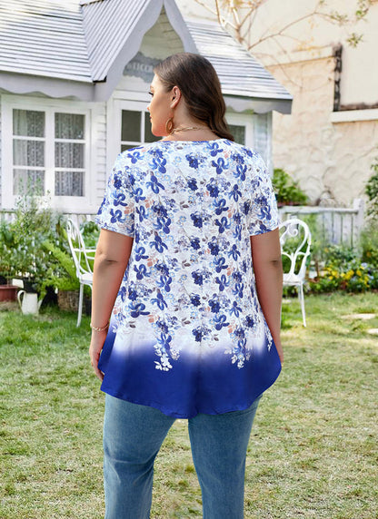 Women's Plus Size Floral Tunic Top – Short Sleeve, Flowy Swing Blouse to Wear with Leggings b30