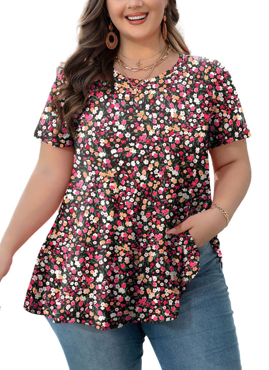 Women's Plus Size Pink Floral Tunic Top – Short Sleeve Casual Swing Blouse e5