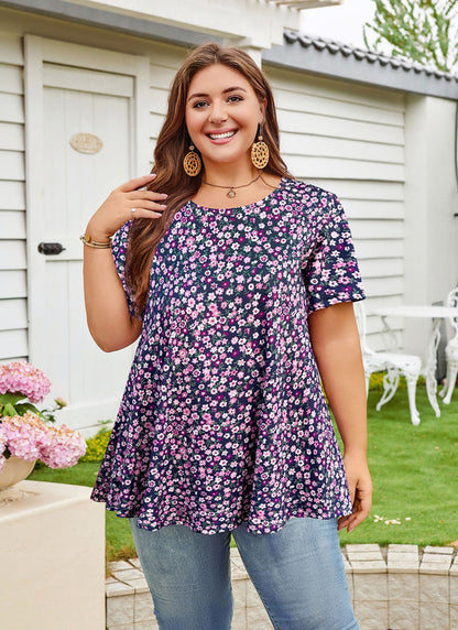 Women's Plus Size Navy Blue & Purple Tunic Top – Short Sleeve Swing Blouse e7