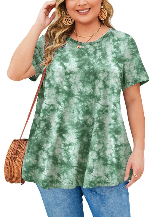 Women's Plus Size Green Tie Dye Tunic Top – Short Sleeve Boho Swing Blouse e14