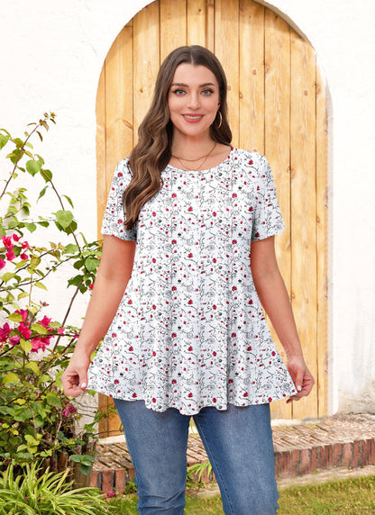 Women's Plus Size White Floral Tunic Top – Short Sleeve, Flowy Swing Blouse to Wear with Leggings b32