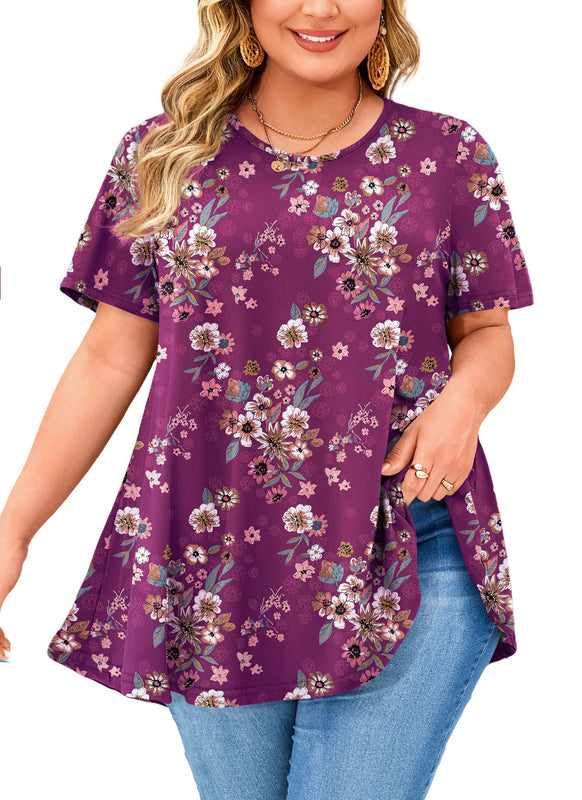 Women's Magenta Floral Swing Tunic Top – Short Sleeve, Plus Size B38