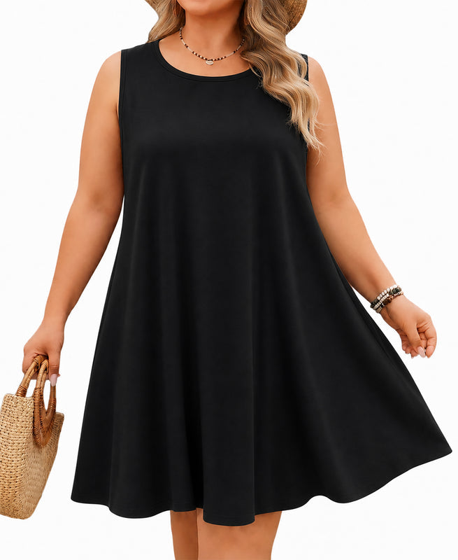 Women's Black Sleeveless Tank Dress – Casual Loose Fit, Plus Size N1