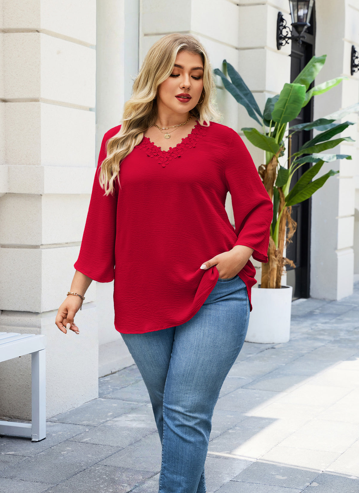 Plus Size Red Lace V-Neck Blouse J20