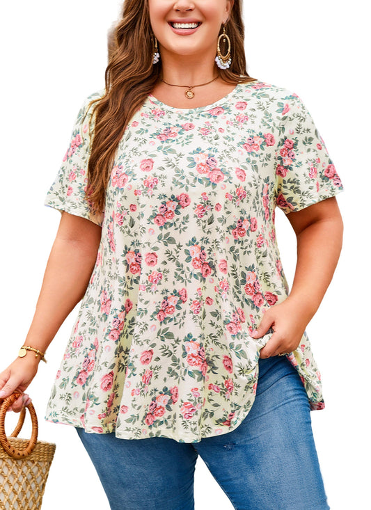 Women's Plus Size Beige Pink Floral Tunic Top – Short Sleeve Swing Blouse e10