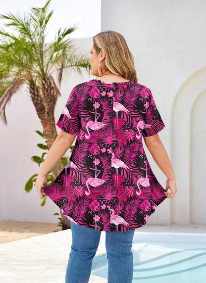 Hot Pink Flamingo Tunic Top for Women – Flowy Swing Blouse, Plus Size E25
