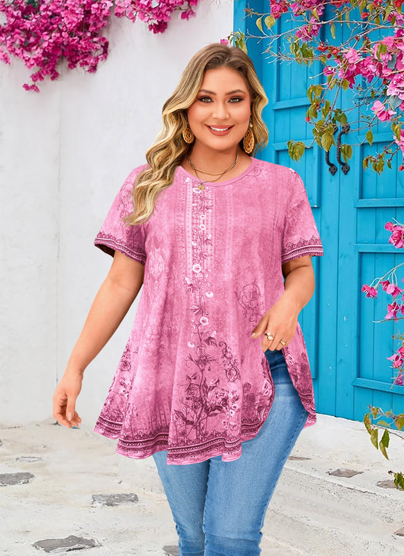 Womens Plus Size Tops Short Sleeve Swing Flare Flowy Tunic Loose Fit Summer Casual Blouses to Wear with Leggings e2