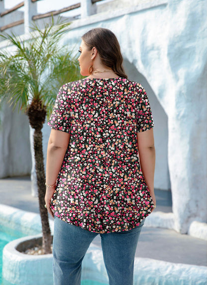Women's Plus Size Pink Floral Tunic Top – Short Sleeve Casual Swing Blouse e5