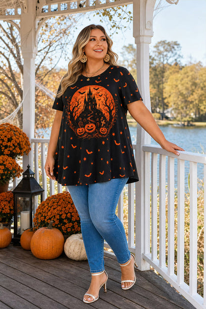 Women's Halloween Black & Orange Tunic Top – Graphic Print, Plus Size E28