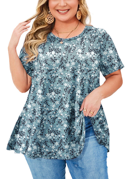 Women's Plus Size Teal & White Tunic Top – Short Sleeve Swing Blouse  e12