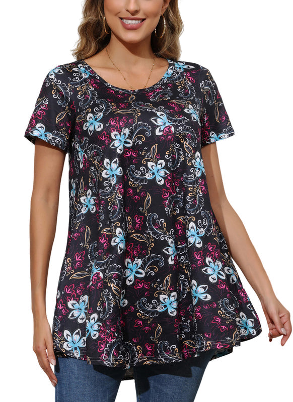 Black Floral Paisley Print Tunic Top – Women's Plus Size Short Sleeve Swing Blouse to Wear with Leggings (S–7XL) B6