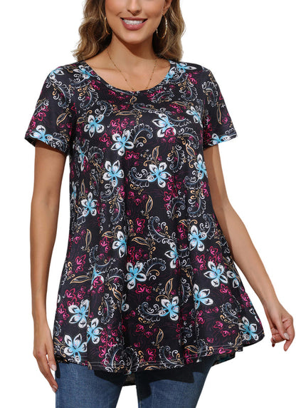 Black Floral Paisley Print Tunic Top – Women's Plus Size Short Sleeve Swing Blouse to Wear with Leggings (S–7XL) B6