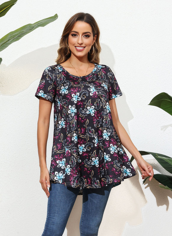 Black Floral Paisley Print Tunic Top – Women's Plus Size Short Sleeve Swing Blouse to Wear with Leggings (S–7XL) B6
