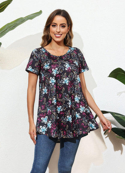 Black Floral Paisley Print Tunic Top – Women's Plus Size Short Sleeve Swing Blouse to Wear with Leggings (S–7XL) B6