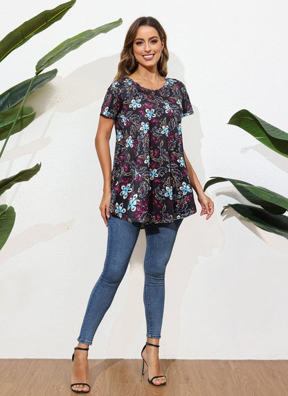 Black Floral Paisley Print Tunic Top – Women's Plus Size Short Sleeve Swing Blouse to Wear with Leggings (S–7XL) B6
