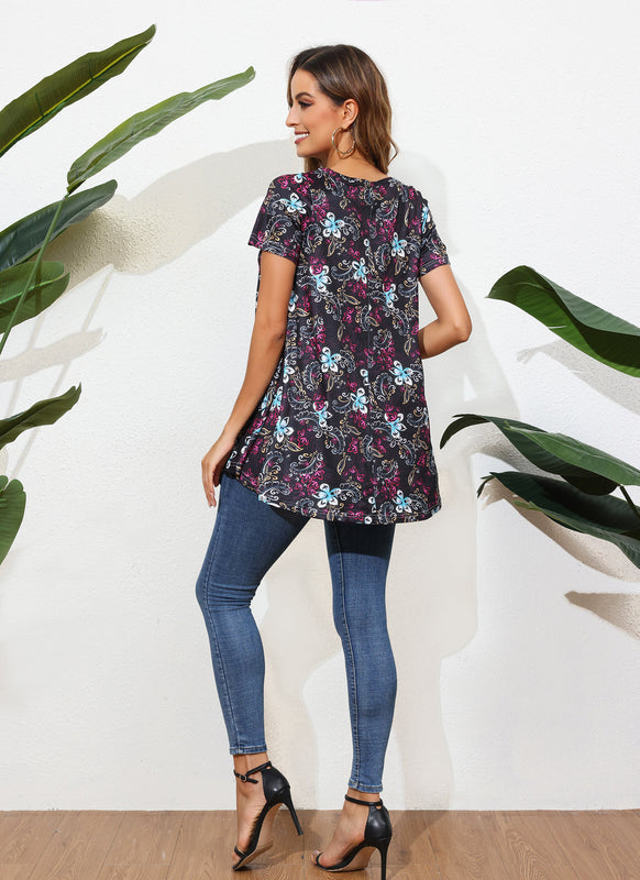 Black Floral Paisley Print Tunic Top – Women's Plus Size Short Sleeve Swing Blouse to Wear with Leggings (S–7XL) B6