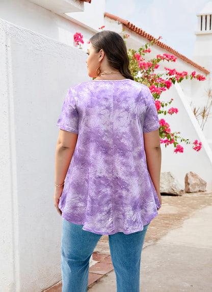 Women's Plus Size Tie Dye Tunic Top – Short Sleeve, Flowy Swing Blouse in Lavender b36
