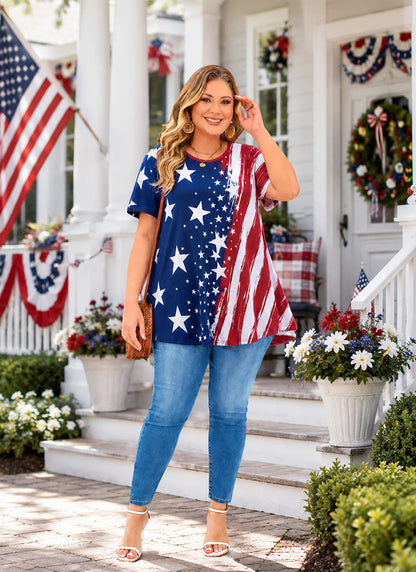 Women's Plus Size American Flag Tunic Top – Short Sleeve Patriotic Swing Blouse e20