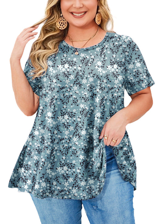 Women's Plus Size Teal & White Tunic Top – Short Sleeve Swing Blouse  e12