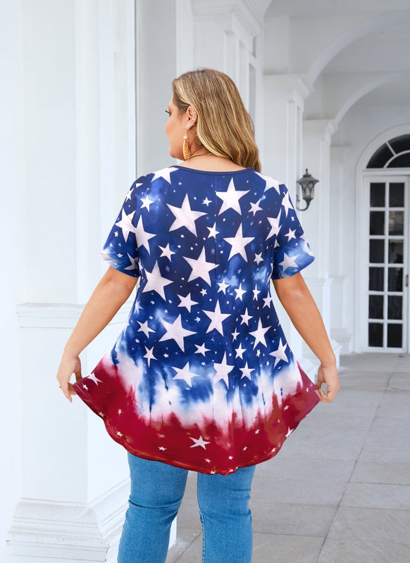 Women's Plus Size American Flag Tunic Top – Short Sleeve, Patriotic Swing Blouse to Wear with Leggings b40