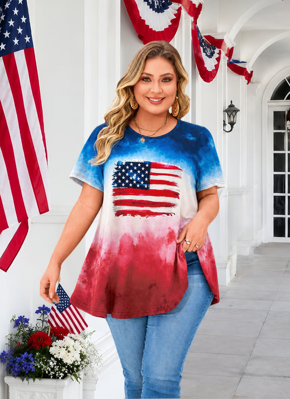 Women's Plus Size American Flag Tunic Top – Short Sleeve USA Patriotic Swing Blouse e21