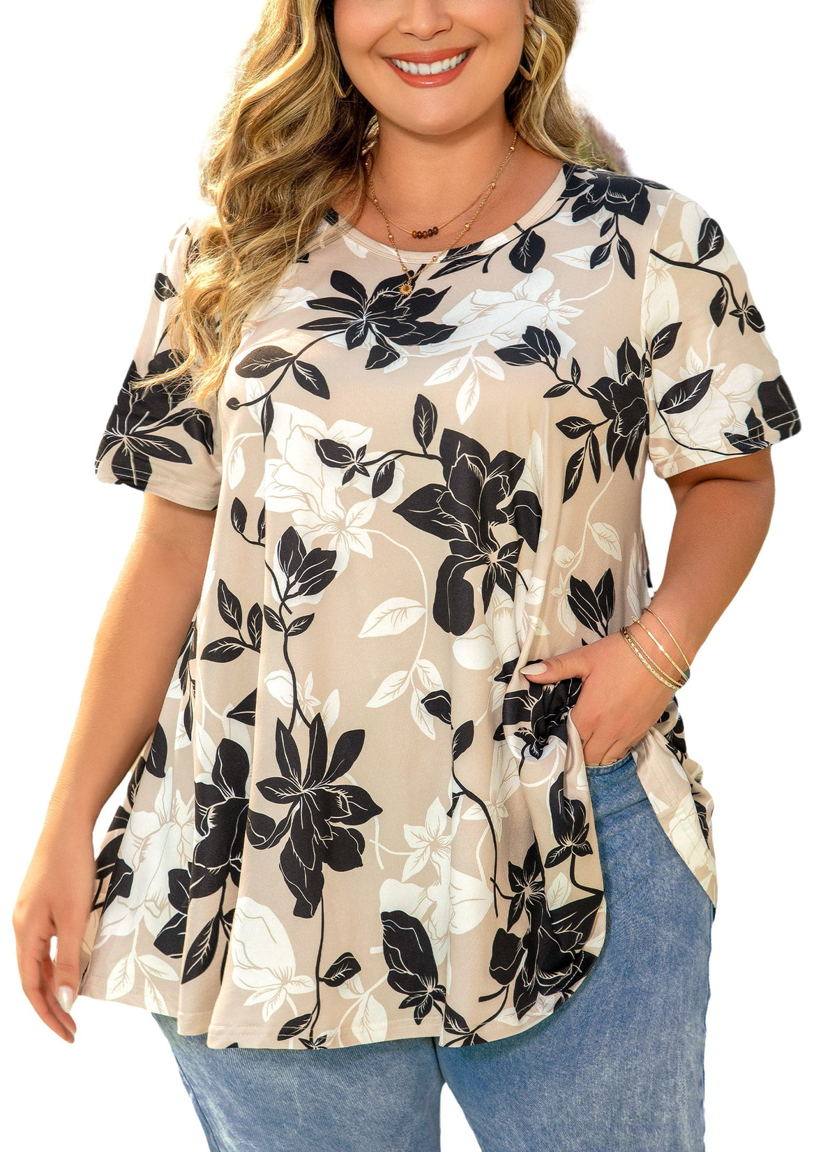 Women's Plus Size Swing Tunic Top – Short Sleeve, Flowy Blouse in Neutral Beige, Black & White b35