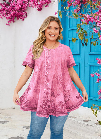 Womens Plus Size Tops Short Sleeve Swing Flare Flowy Tunic Loose Fit Summer Casual Blouses to Wear with Leggings e2