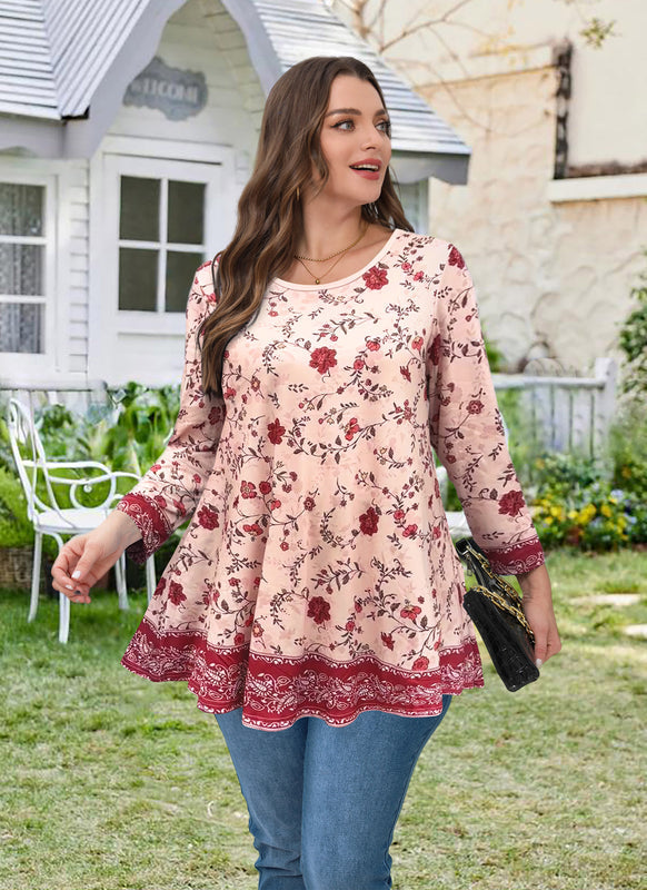 Women's Plus Size Red & Pink Floral Tunic Top – 3/4 Sleeve Swing Flare Blouse d16