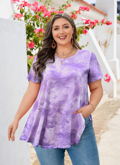 Women's Plus Size Tie Dye Tunic Top – Short Sleeve, Flowy Swing Blouse in Lavender b36