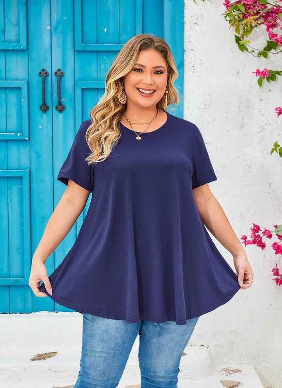 Women's Plus Size Navy Blue Tunic Top – Short Sleeve Solid Swing Blouse e13