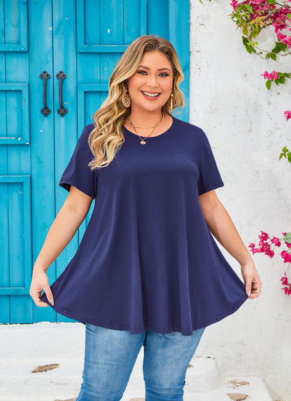 Women's Plus Size Navy Blue Tunic Top – Short Sleeve Solid Swing Blouse e13