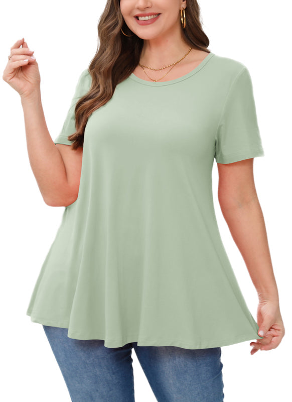 Women's Plus Size Swing Tunic Top – Short Sleeve, Flowy Flare, Crew Neck Blouse to Wear with Leggings b25