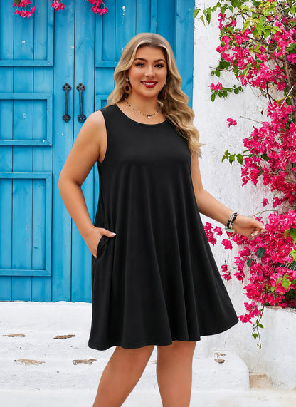 Women's Black Sleeveless Tank Dress – Casual Loose Fit, Plus Size N1
